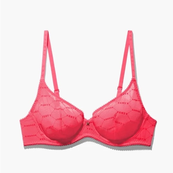 Savage X Fenty Other - Savage X Fenty FLOCKED LOGO UNLINED BRA Pink Smash Size 38C Underwire Sheer NWT